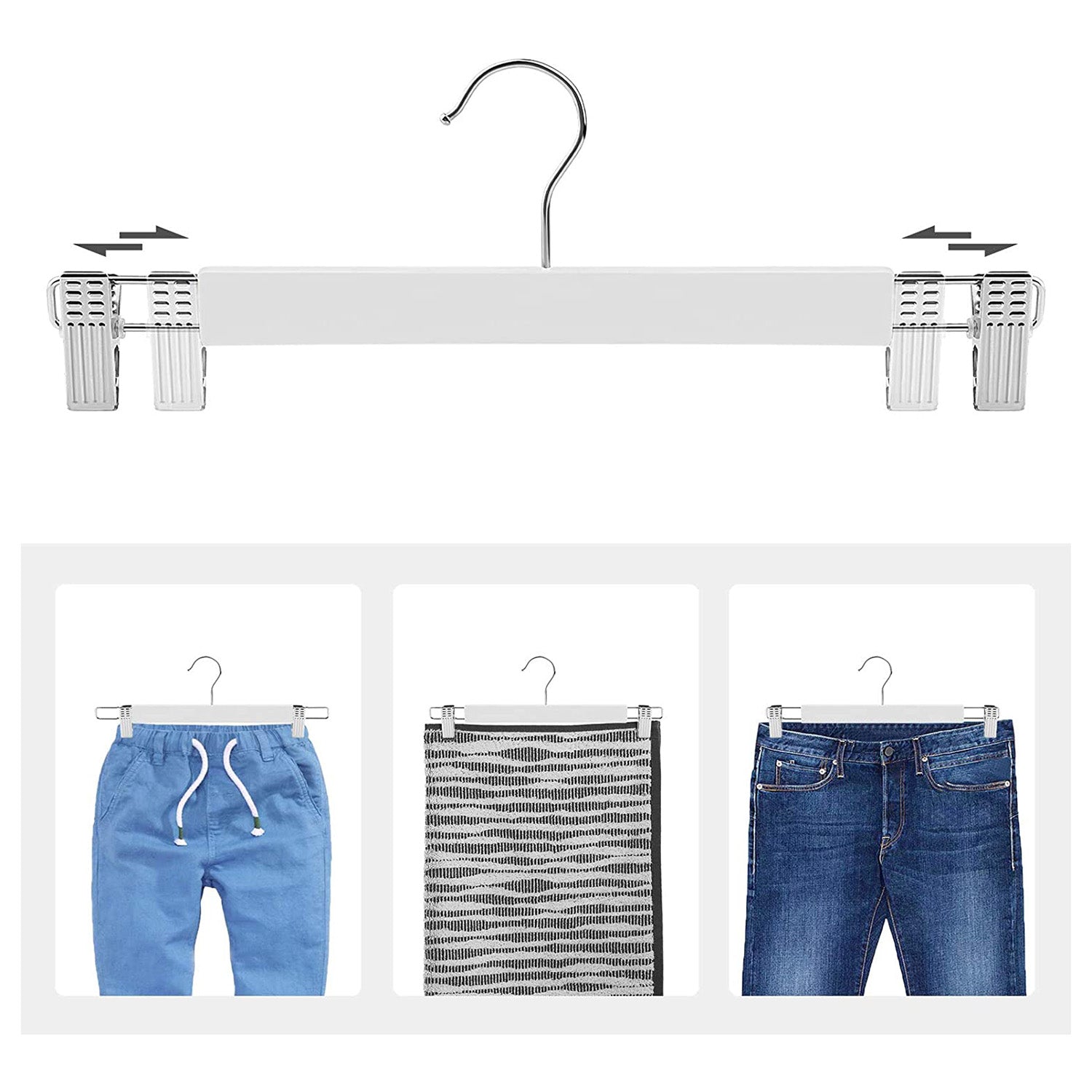 Broekhanger – Set van 8 met clips – Natuurlijk hout – Wit