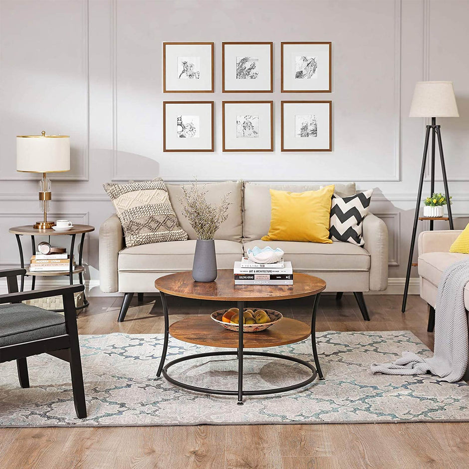 Salontafel rond – Met verstelbare plank – Robuust ijzeren frame – Vintage bruin