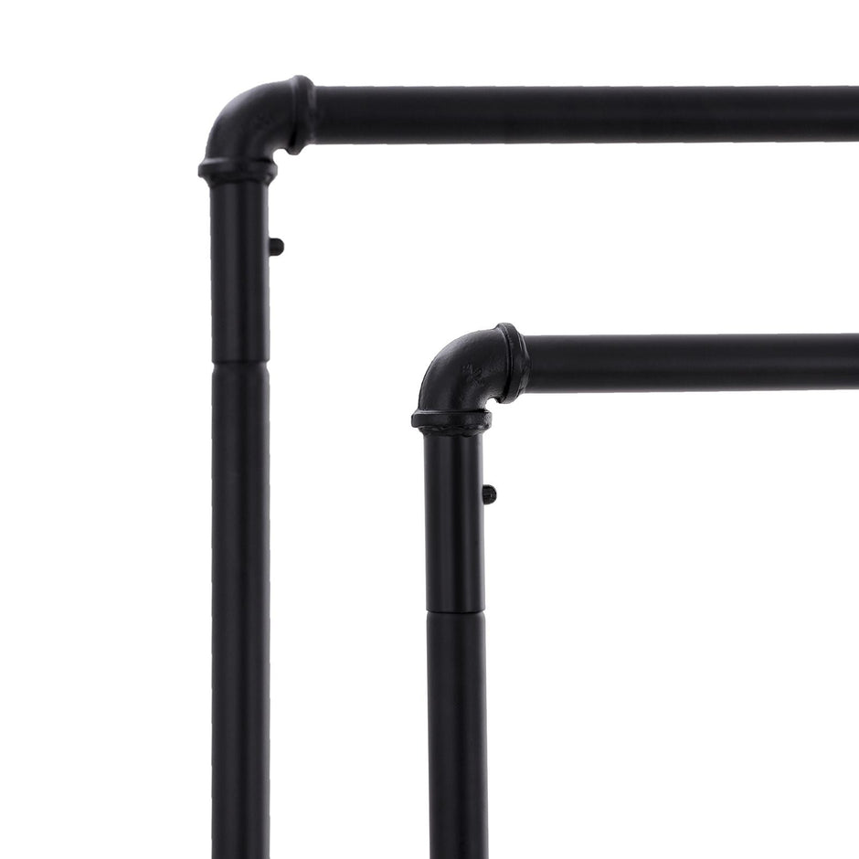 Kledingrek – Industrieel design – Verstelbare plank – Met dubbele rail – Tot 110 kg draagvermogen – 4 wielen met blokkeerremmen