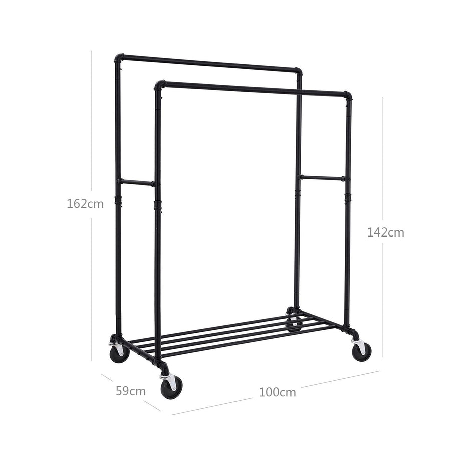 Kledingrek – Industrieel design – Verstelbare plank – Met dubbele rail – Tot 110 kg draagvermogen – 4 wielen met blokkeerremmen