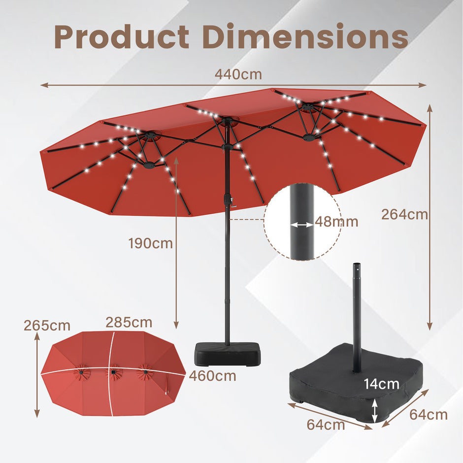 Dubbelparasoll – med LED belysning vev och stativ – 460 x 285 cm – Orange