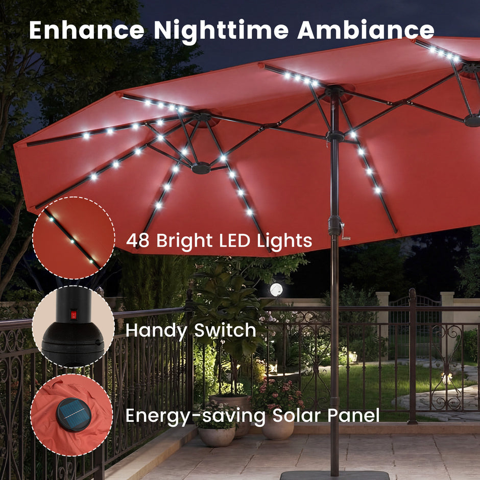 Dubbelparasoll – med LED belysning vev och stativ – 460 x 285 cm – Orange