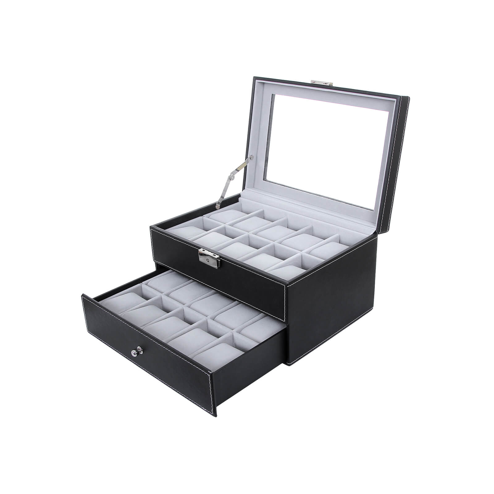 Horlogebox – 20 horloges – glazen deksel – zwart
