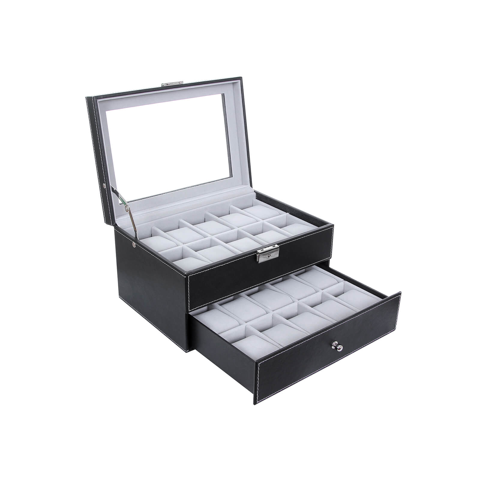 Horlogebox – 20 horloges – glazen deksel – zwart