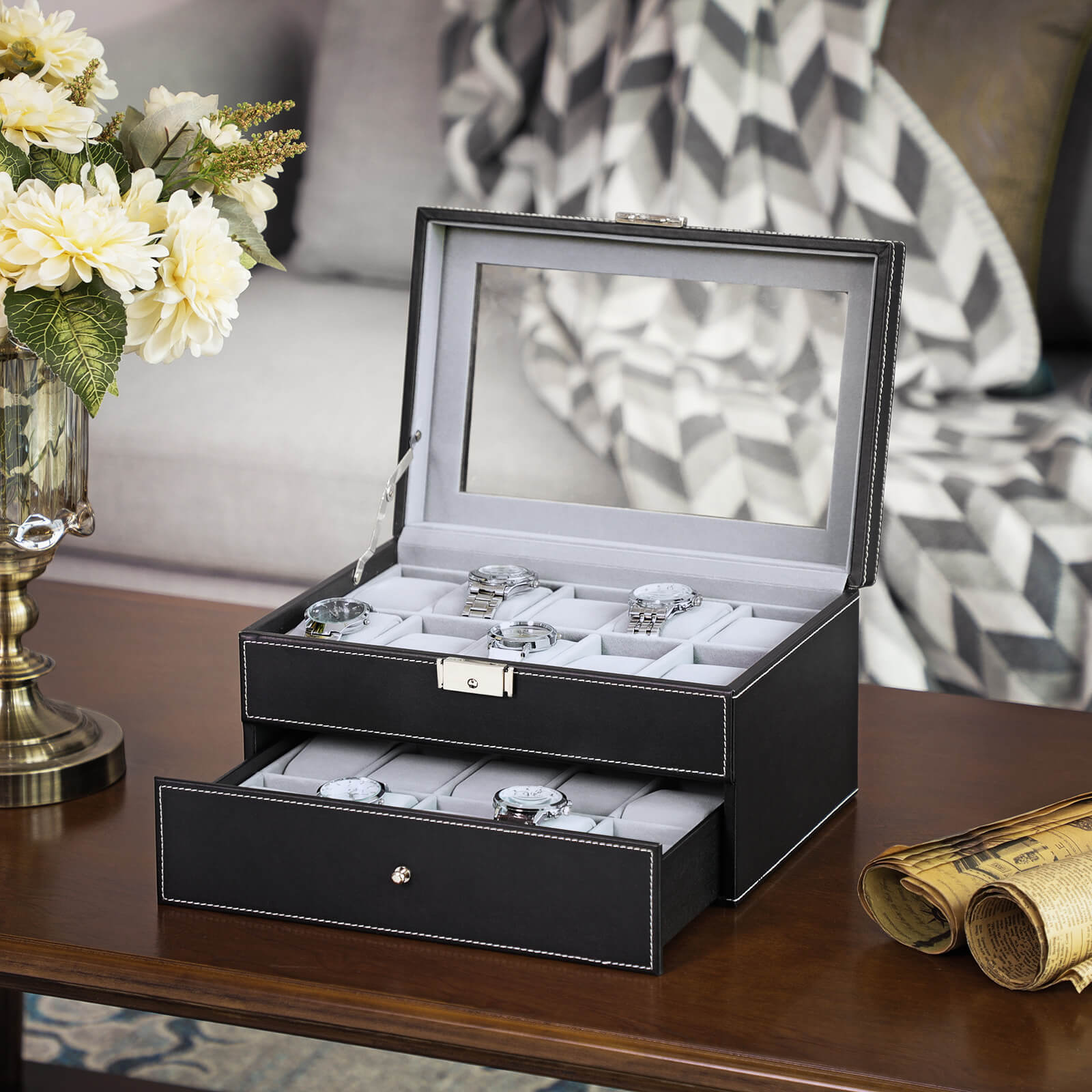 Horlogebox – 20 horloges – glazen deksel – zwart