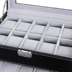 Horlogebox – 20 horloges – glazen deksel – zwart