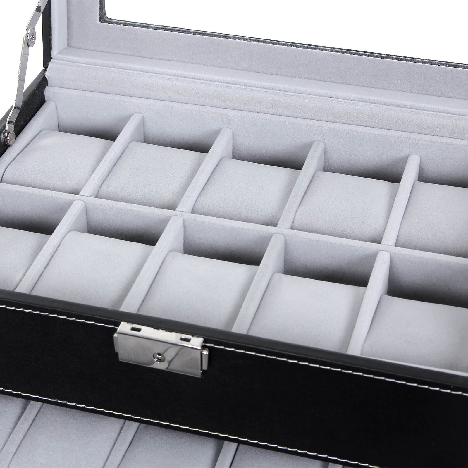 Horlogebox – 20 horloges – glazen deksel – zwart
