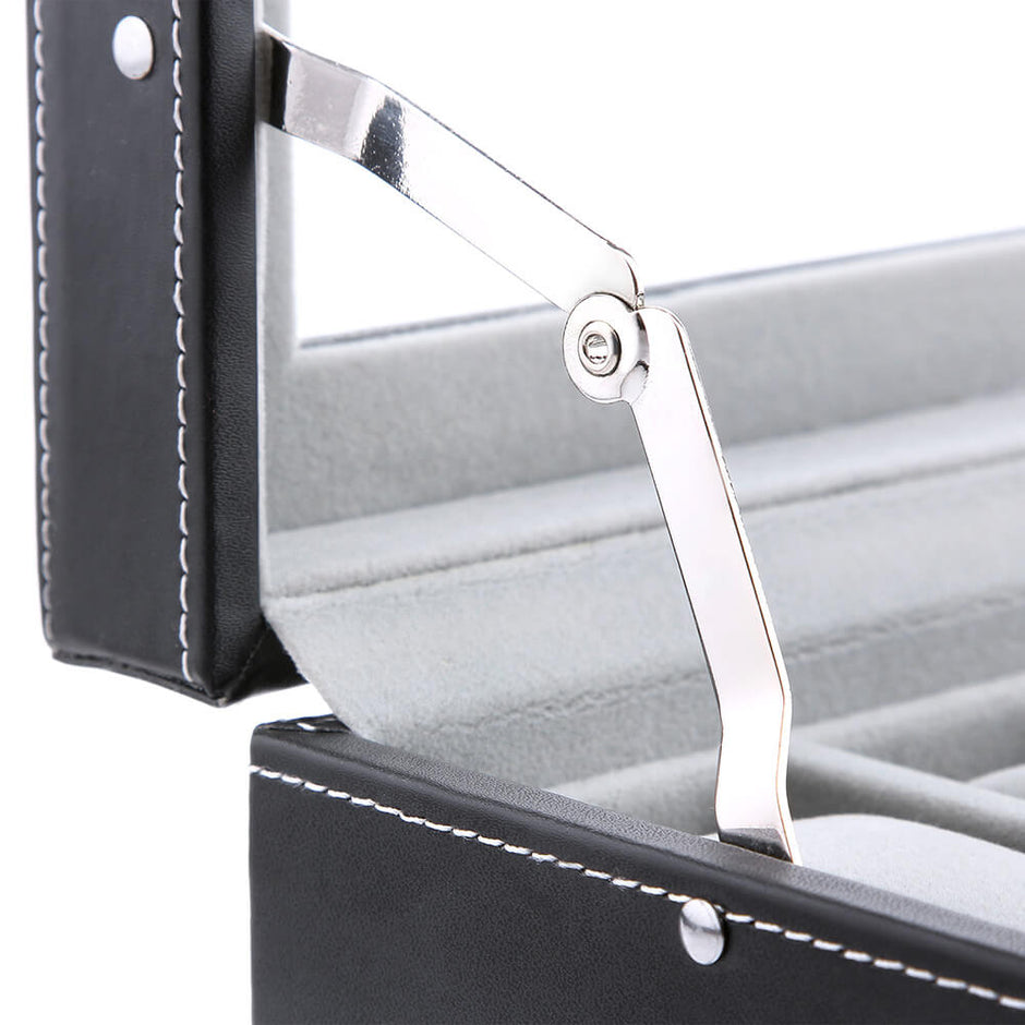 Horlogebox – 20 horloges – glazen deksel – zwart