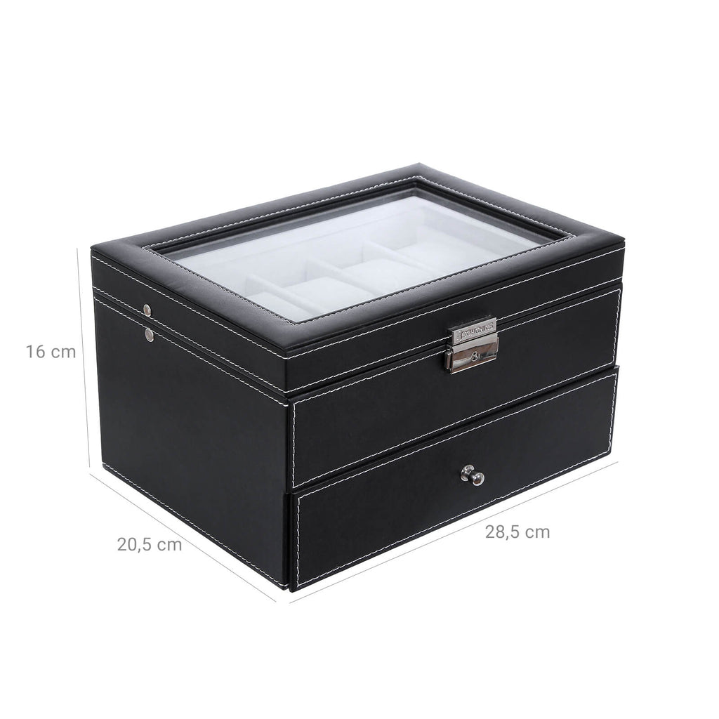 Horlogebox – 20 horloges – glazen deksel – zwart