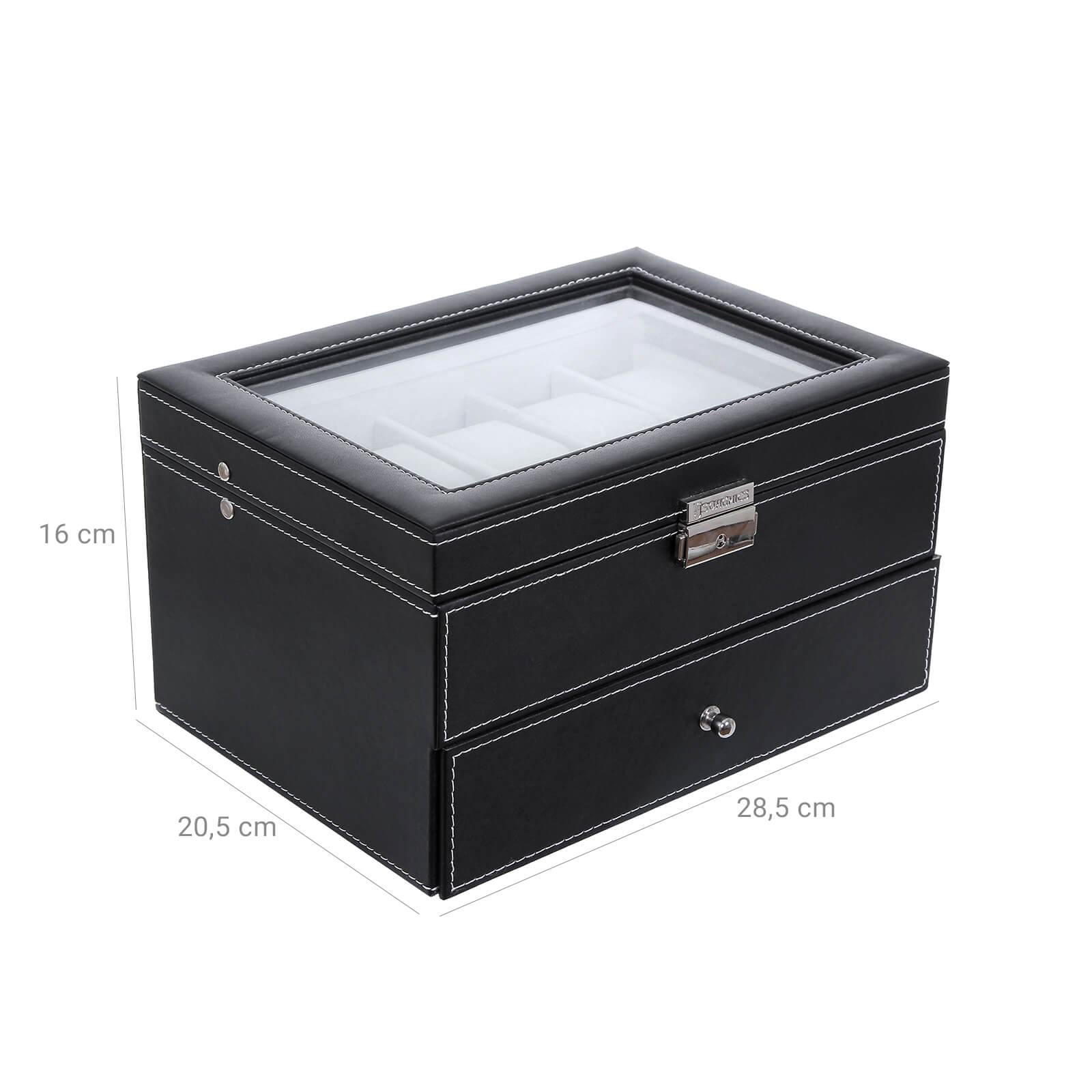 Horlogebox – 20 horloges – glazen deksel – zwart