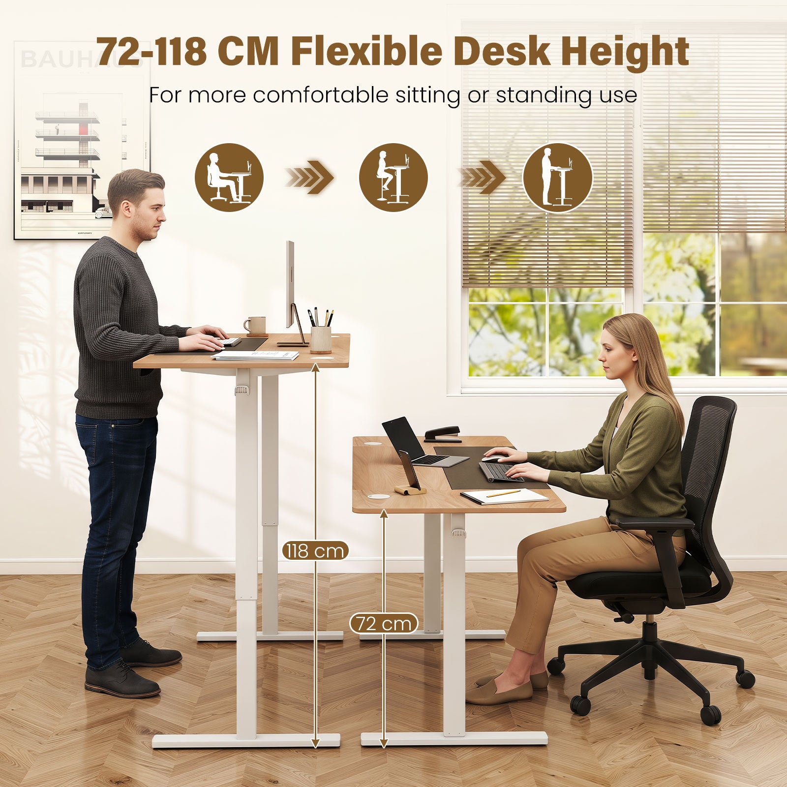 Elektrisk – höjdjusterbart skrivbord med stabil metallram cm, Naturfärgad – 160 x 60