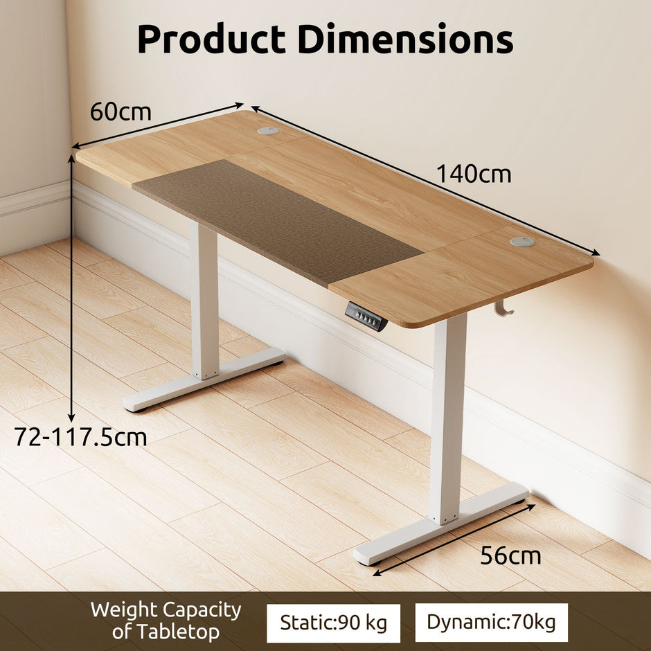 Elektriskt – höjdjusterbart skrivbord med LED panel och T metallram naturfärg – 140 x 60 cm