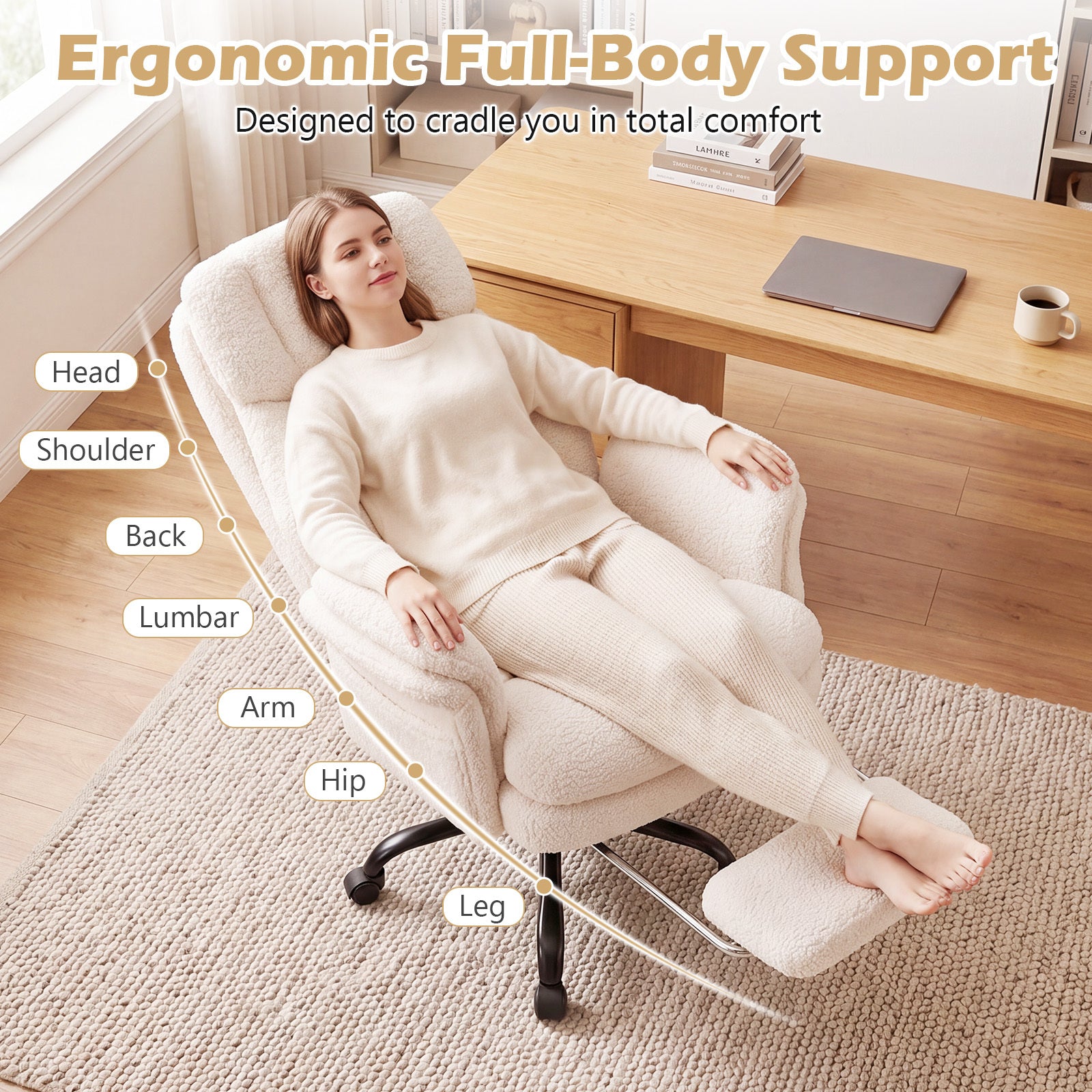 Ergonomisk – kontorschefstol, höjdjusterbar med fem hjul och utdragbart fotstöd