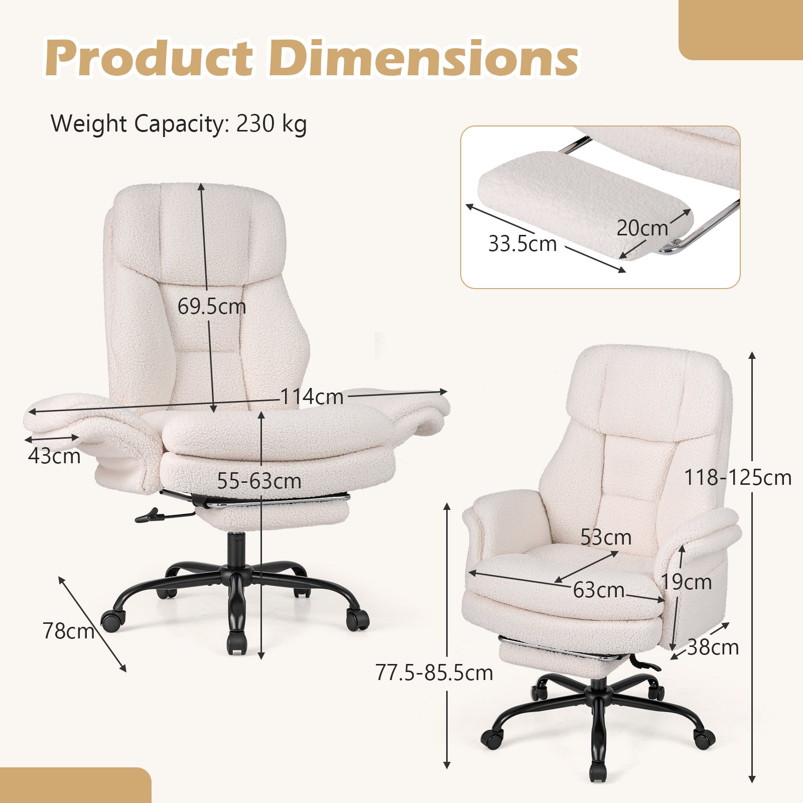 Ergonomisk – kontorschefstol, höjdjusterbar med fem hjul och utdragbart fotstöd