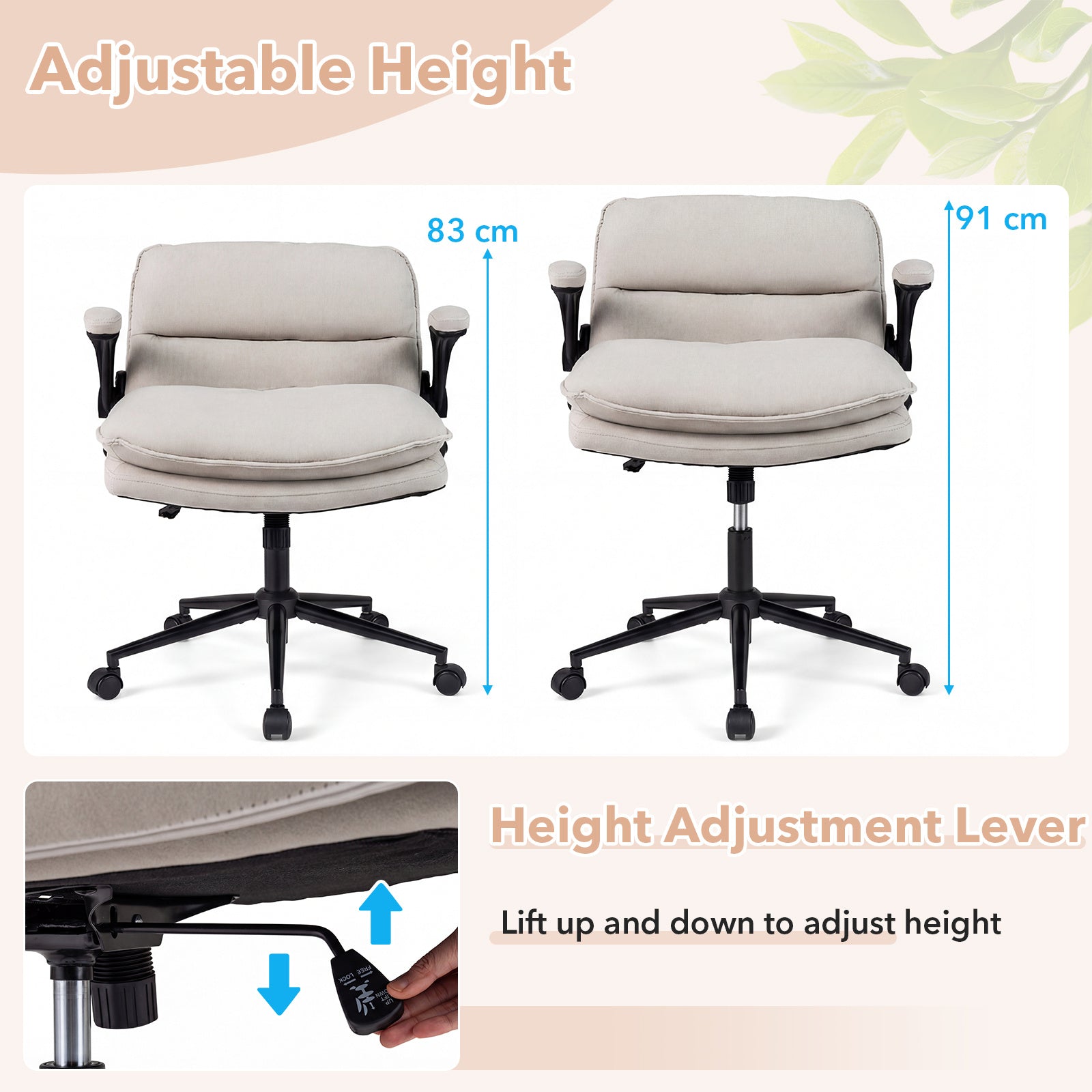 Ergonomisk – kontorsstol Höjdjusterbar snurrstol med gungfunktion Stöder upp till – 150 kg – Beige