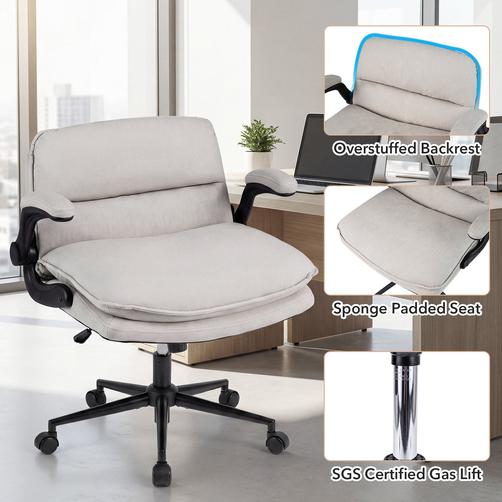 Ergonomisk – kontorsstol Höjdjusterbar snurrstol med gungfunktion Stöder upp till – 150 kg – Beige