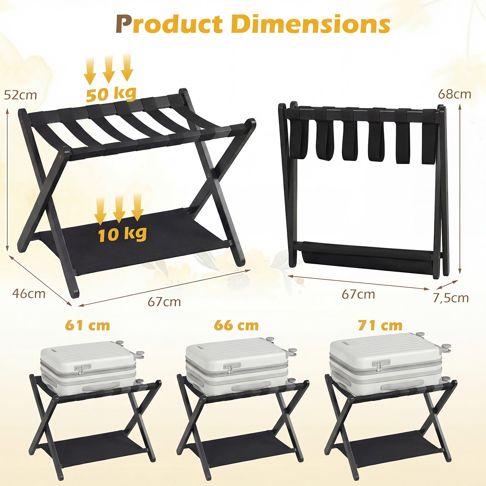 Fällbar – resväska ställning av gummiträ med hyllor upp till – 2 50 kg 67 x 46 x 52 cm – Svart