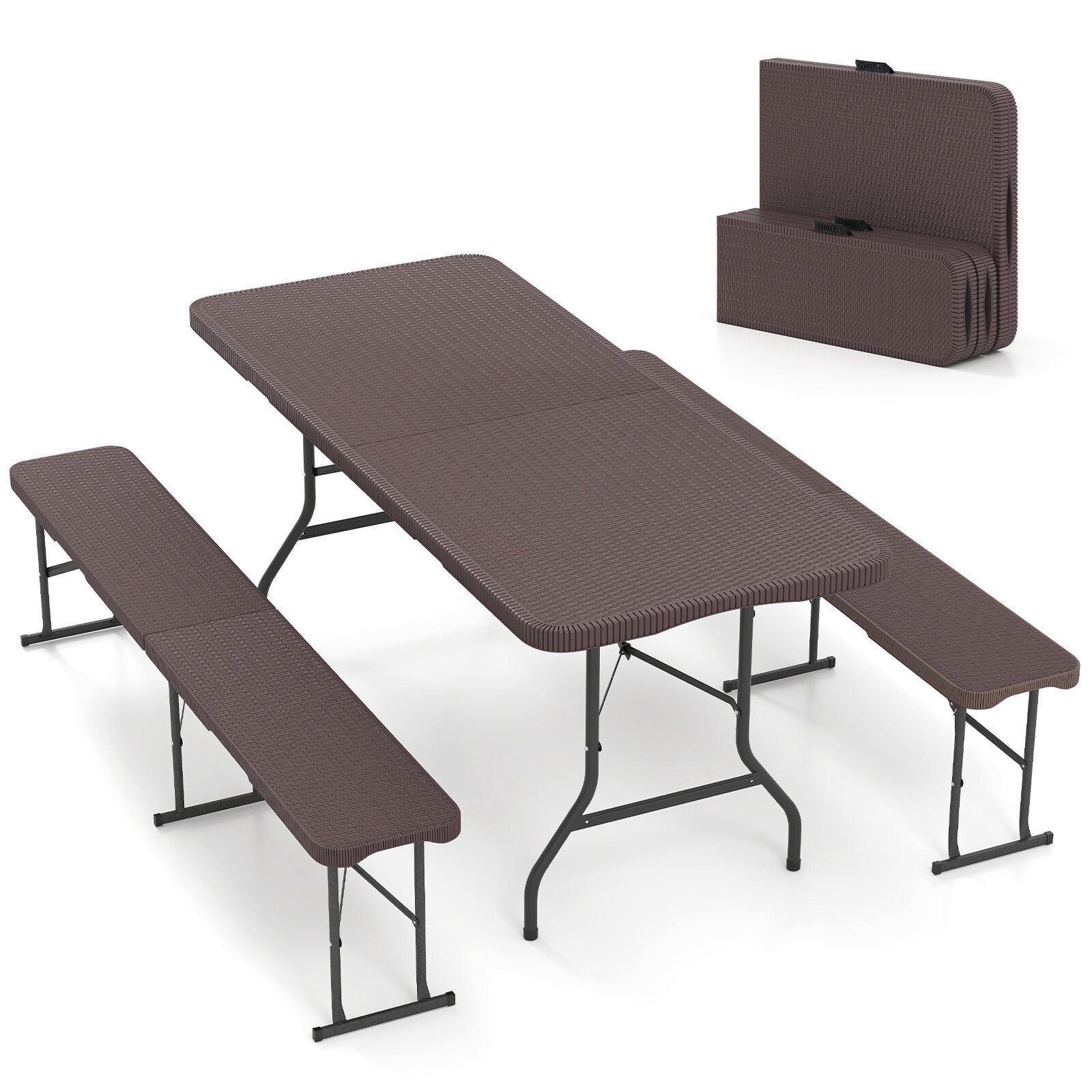 Fällbart – trädgårdsbord i rattanlook + ölbänk i med bärhandtag, kaffesats