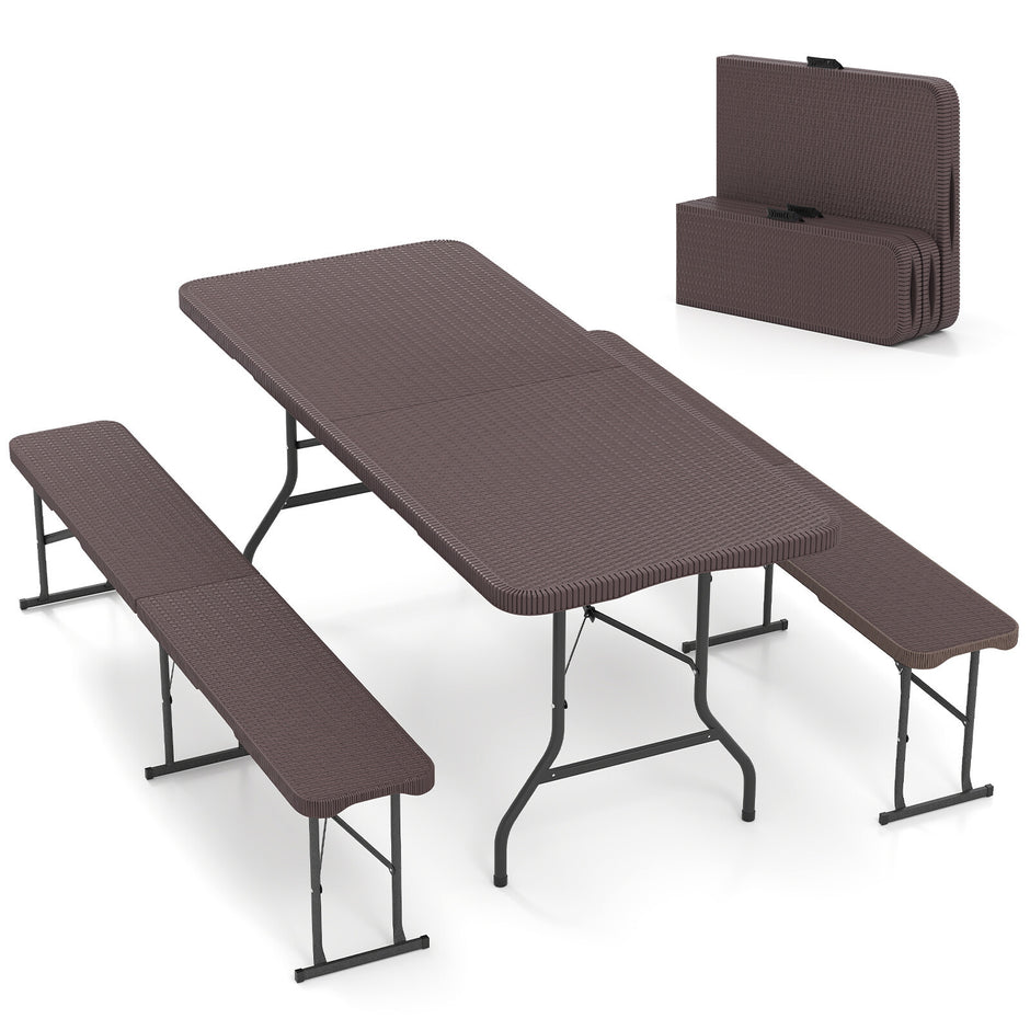 Fällbart – trädgårdsbord i rattanlook + ölbänk i med bärhandtag, kaffesats