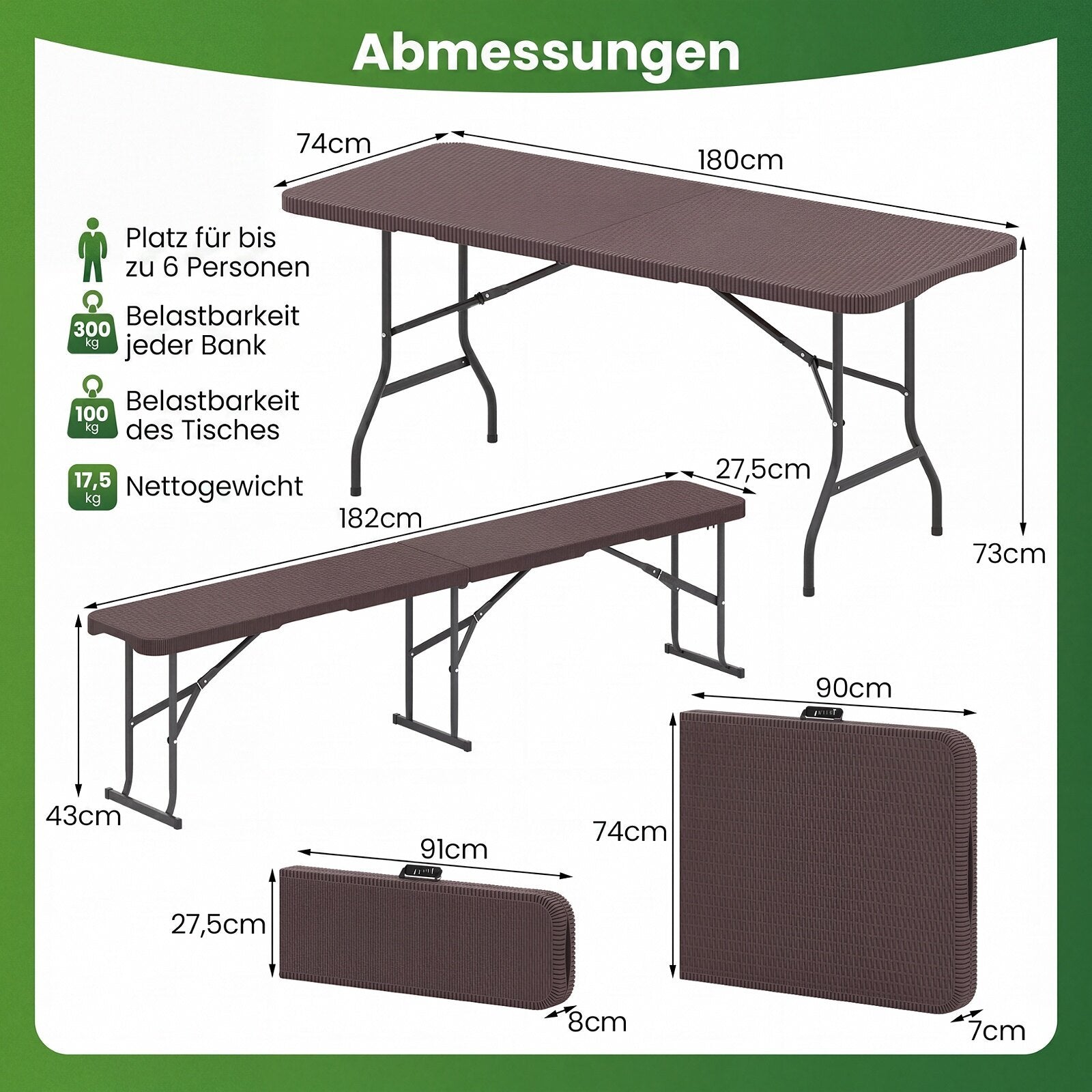 Fällbart – trädgårdsbord i rattanlook + ölbänk i med bärhandtag, kaffesats