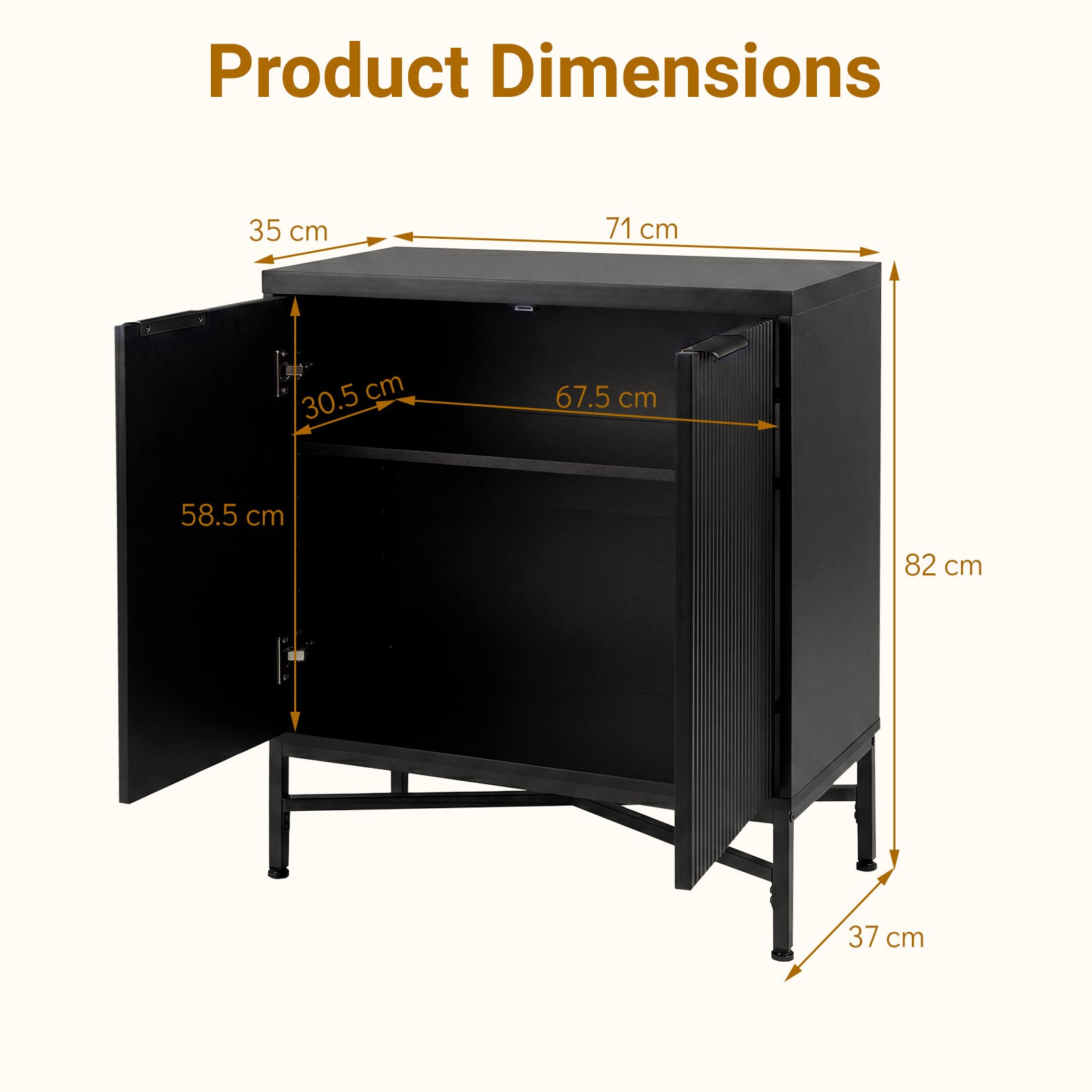 Förvaringsskåp, – sideboard i trä med räfflade dörrar och stabil metallställning
