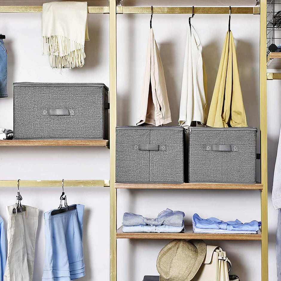 Opbergboxen – Set van 3 met deksel en handgrepen – Grijs