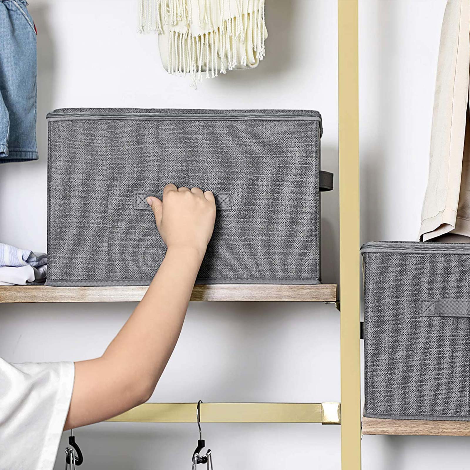 Opbergboxen – Set van 3 met deksel en handgrepen – Grijs