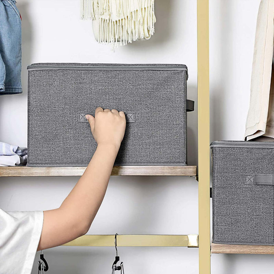 Opbergboxen – Set van 3 met deksel en handgrepen – Grijs