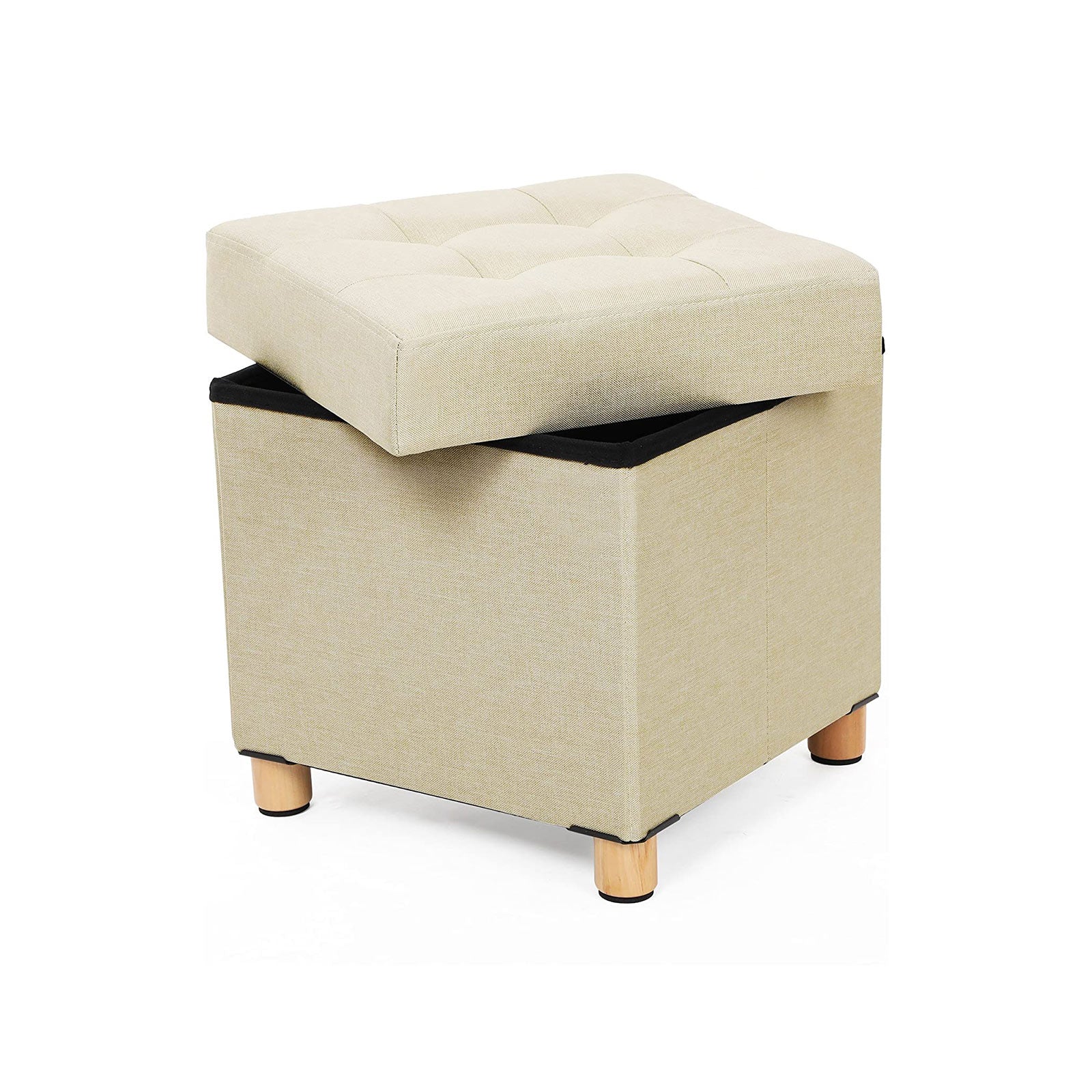 Poef – met opbergruimte – houten poten – zitkist – beige