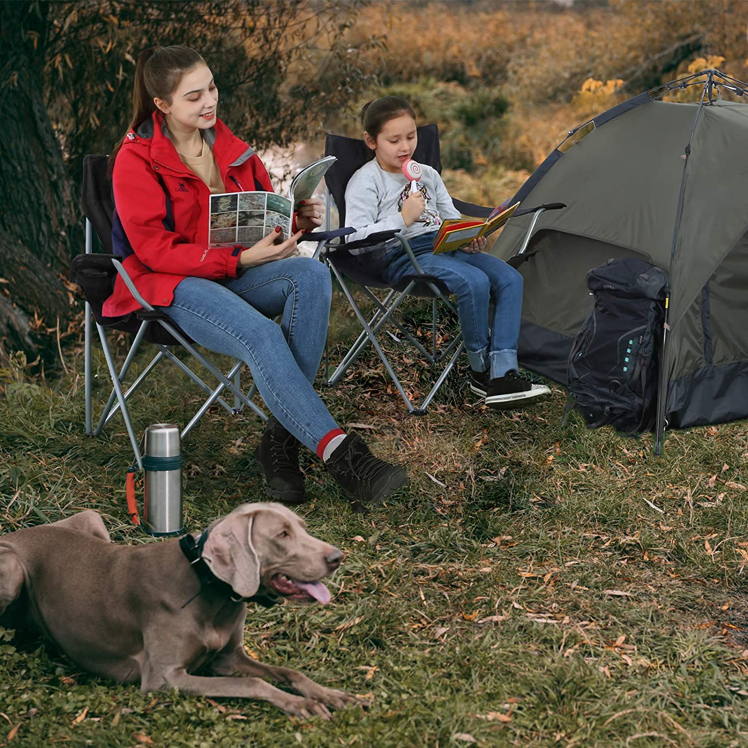 Campingstoelen – Set van 2 met armleuning en bekerhouder – Zwart