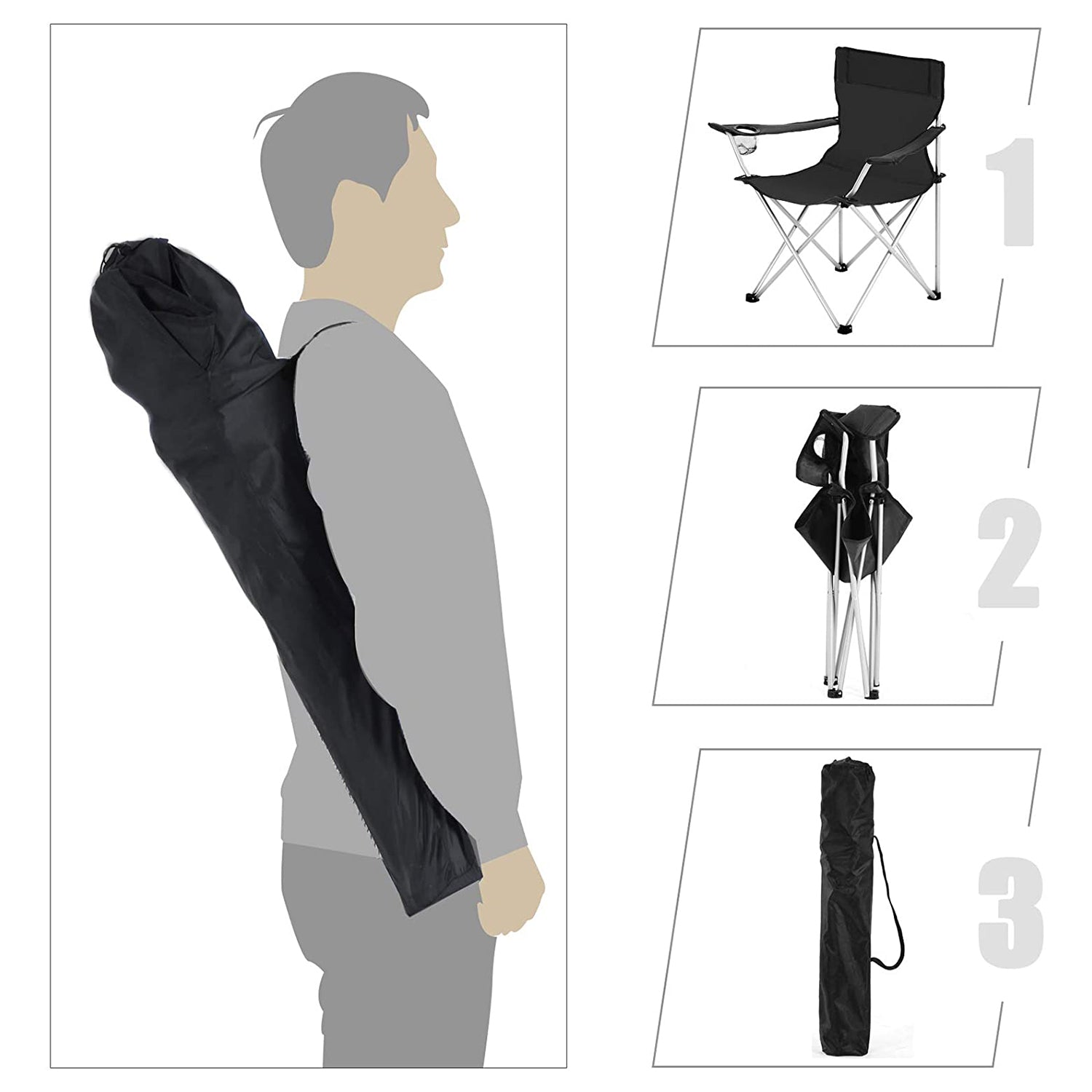 Campingstoelen – Set van 2 met armleuning en bekerhouder – Zwart