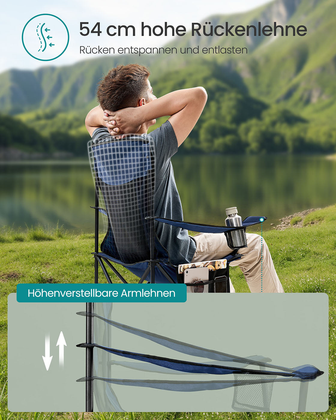 Campingstoelen set van 2 – Verstelbare armleuningen – Havenblauw