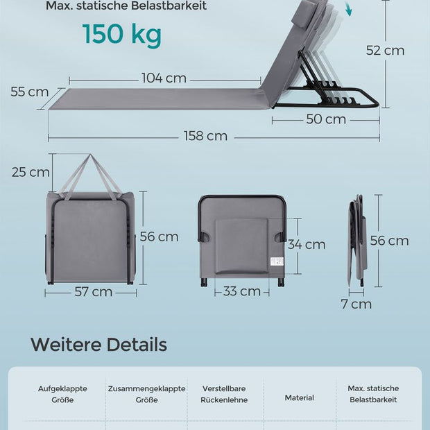 Strandstoel – Verstelbare rugleuning – Lichtgewicht – Grijs