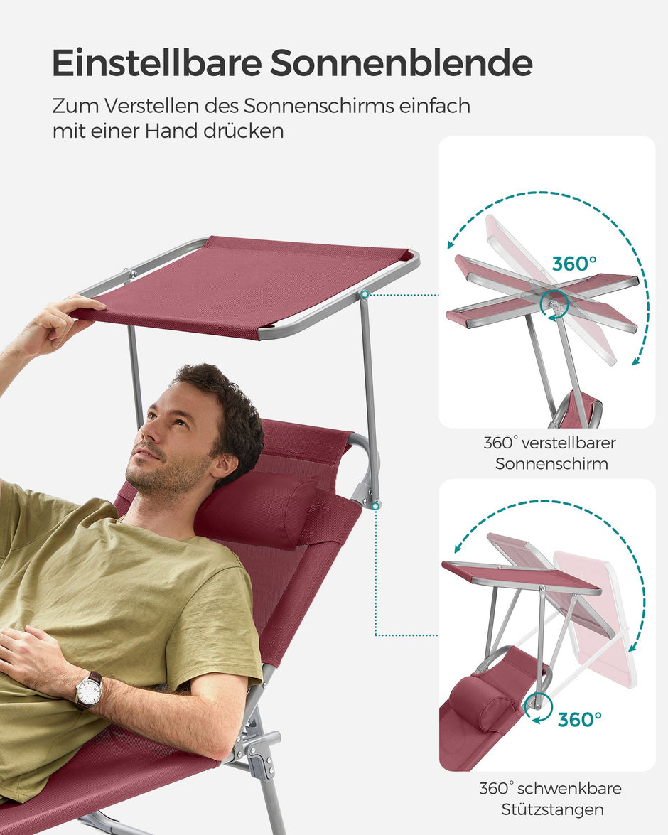 Ligstoel – opklapbaar met zonwering en hoofdsteun – rood