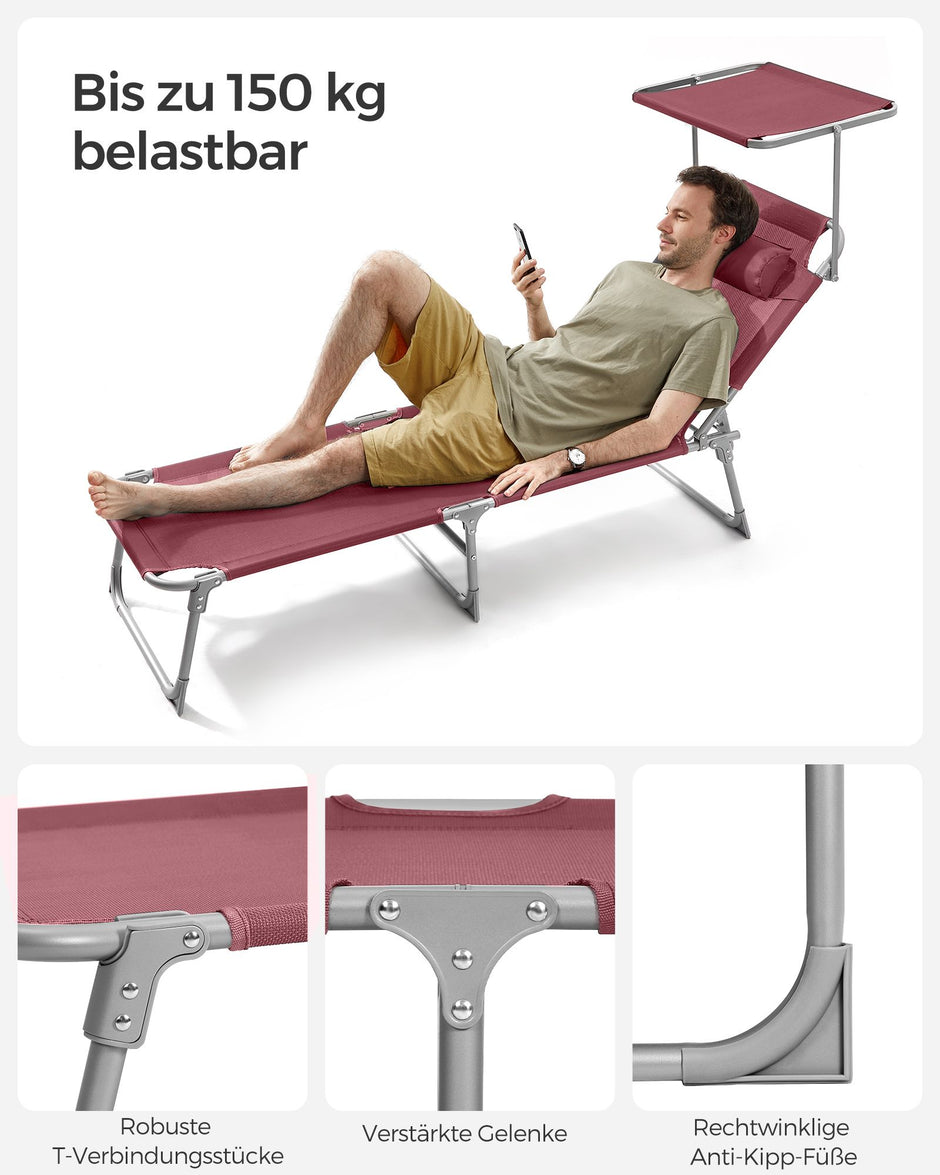 Ligstoel – opklapbaar met zonwering en hoofdsteun – rood
