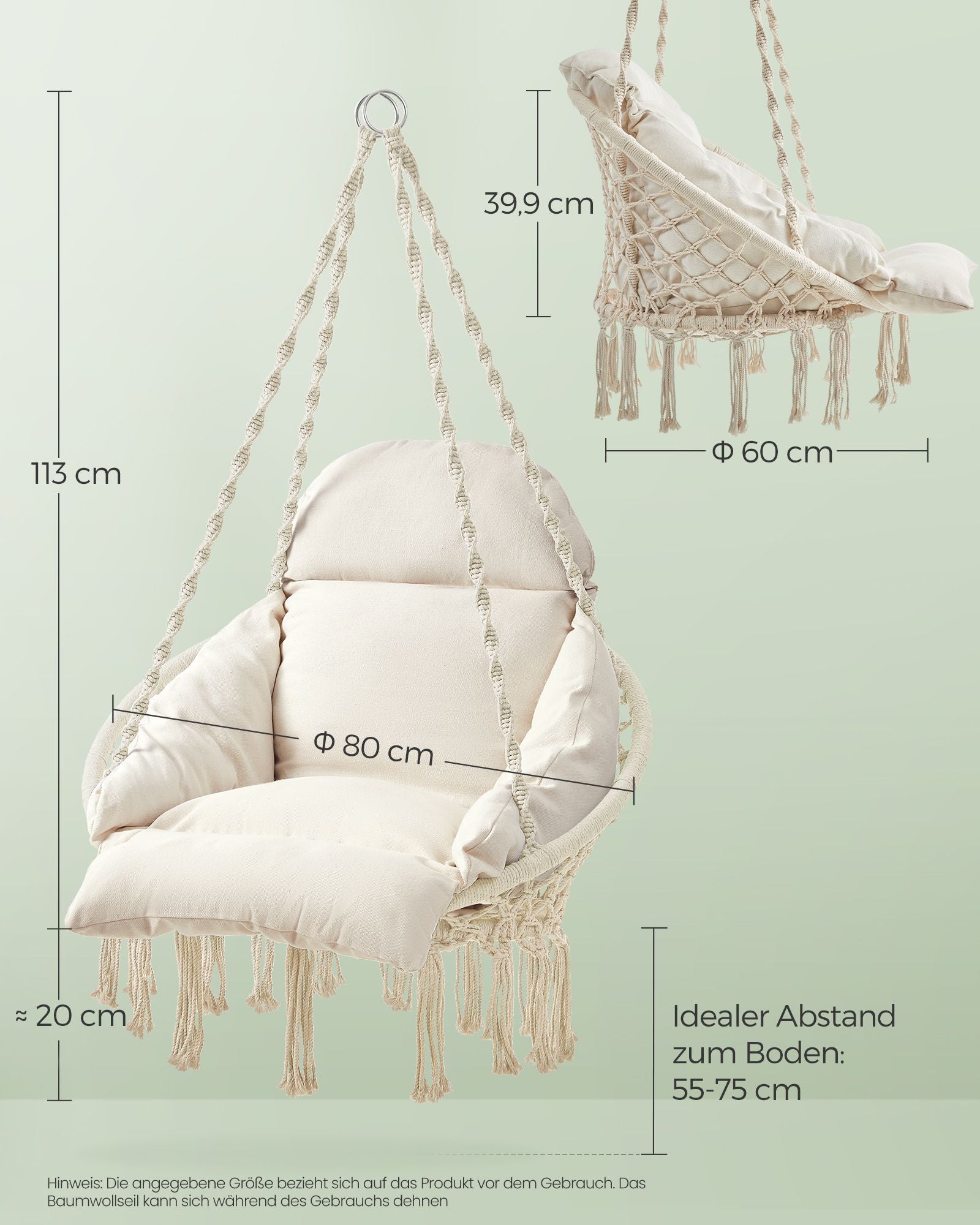 Hangstoel - Met Kussen - Katoen - Draagvermogen tot 120 kg - Beige