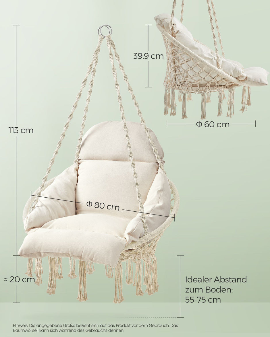Hangstoel - Met Kussen - Katoen - Draagvermogen tot 120 kg - Beige