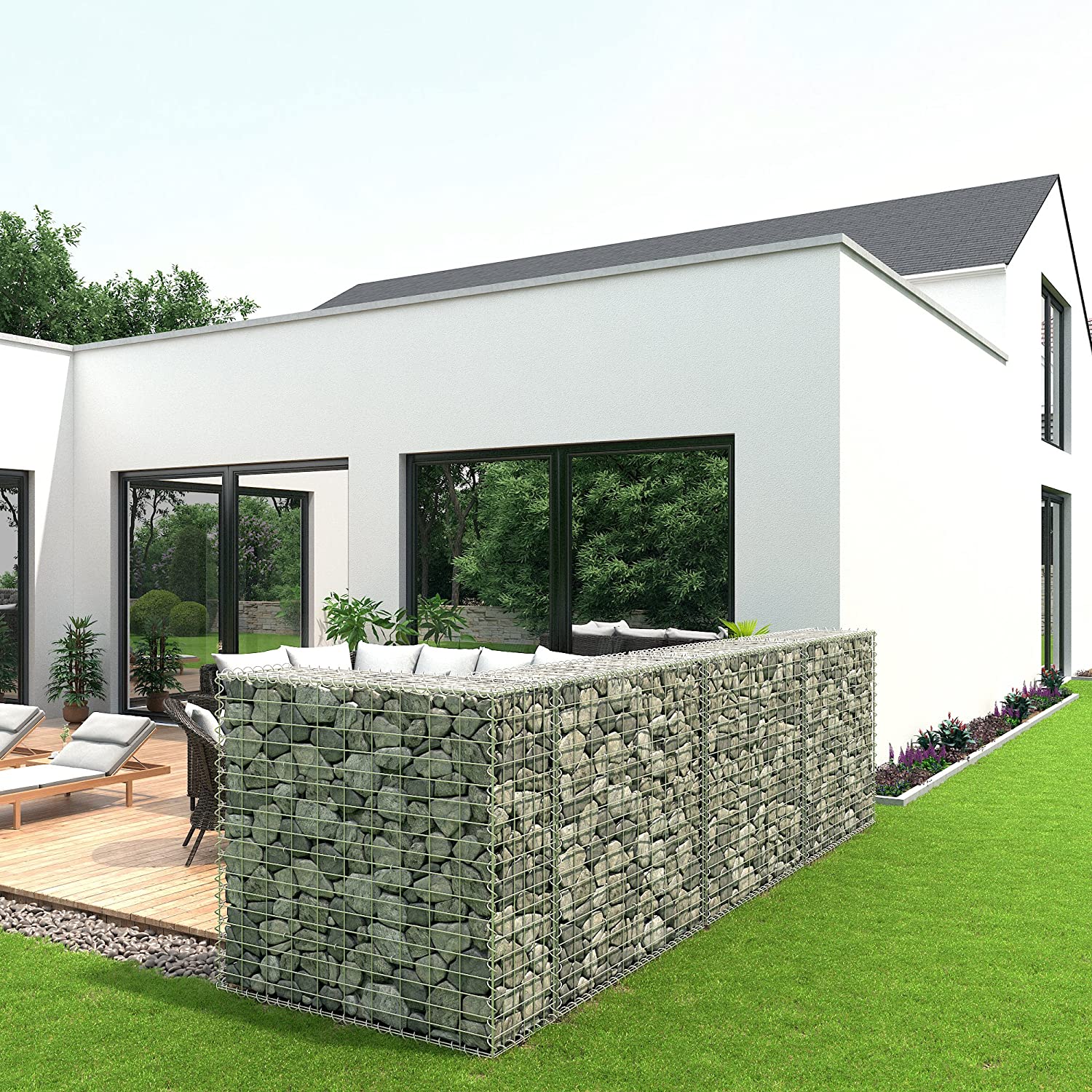 Schanskorf – Stenen bank of muur – Gegalvaniseerd staal – Zilver