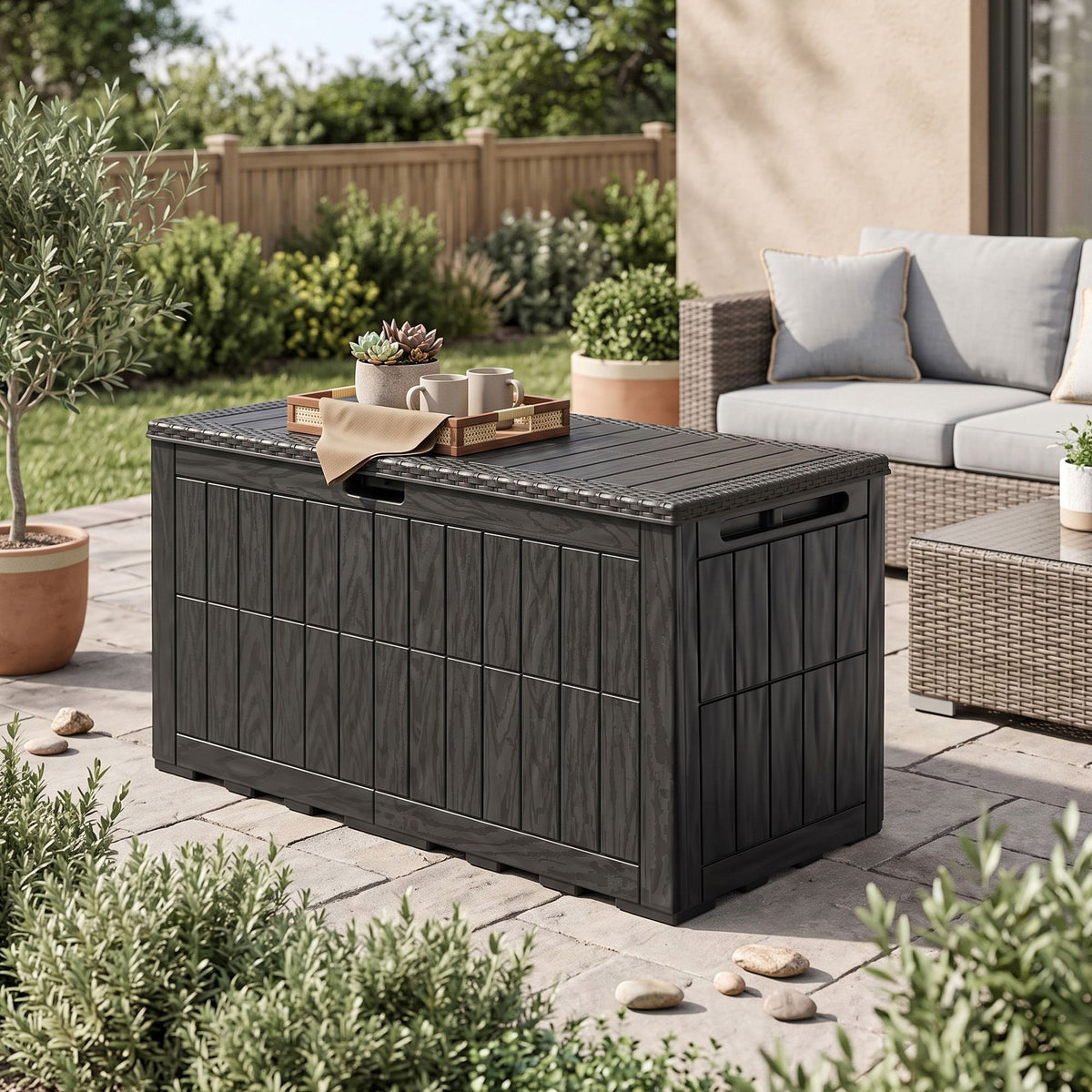 Kussenbox voor Buiten – 380 L – Waterdicht – Hout- en Rotanlook – Zwart