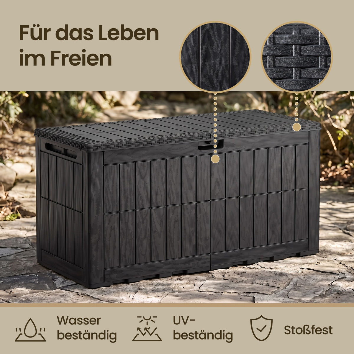 Kussenbox voor Buiten – 380 L – Waterdicht – Hout- en Rotanlook – Zwart