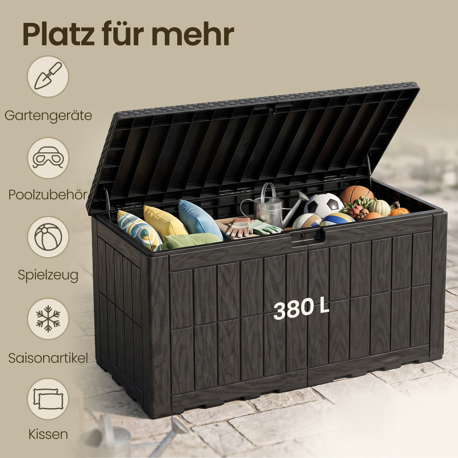 Kussenbox voor Buiten – 380 L – Waterdicht – Hout- en Rotanlook – Zwart