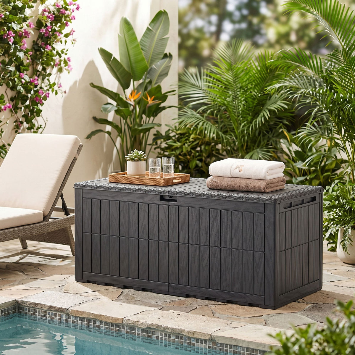 Kussenbox voor Buiten – 623 L – Waterdicht – Hout- en Rotanlook – Zwart