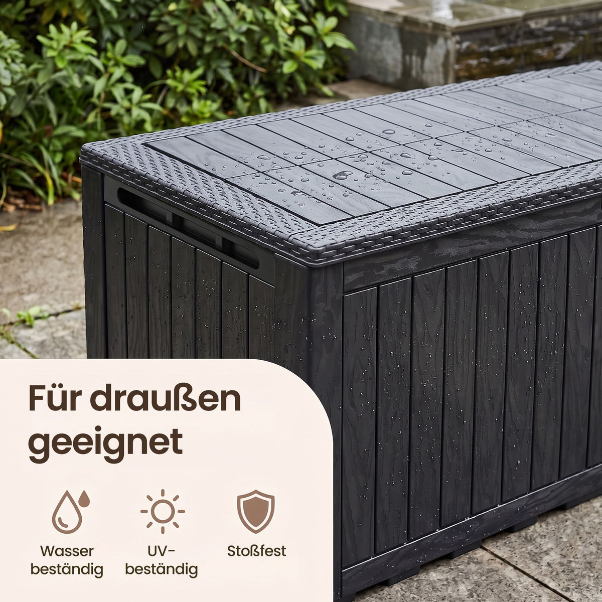 Kussenbox voor Buiten – 623 L – Waterdicht – Hout- en Rotanlook – Zwart
