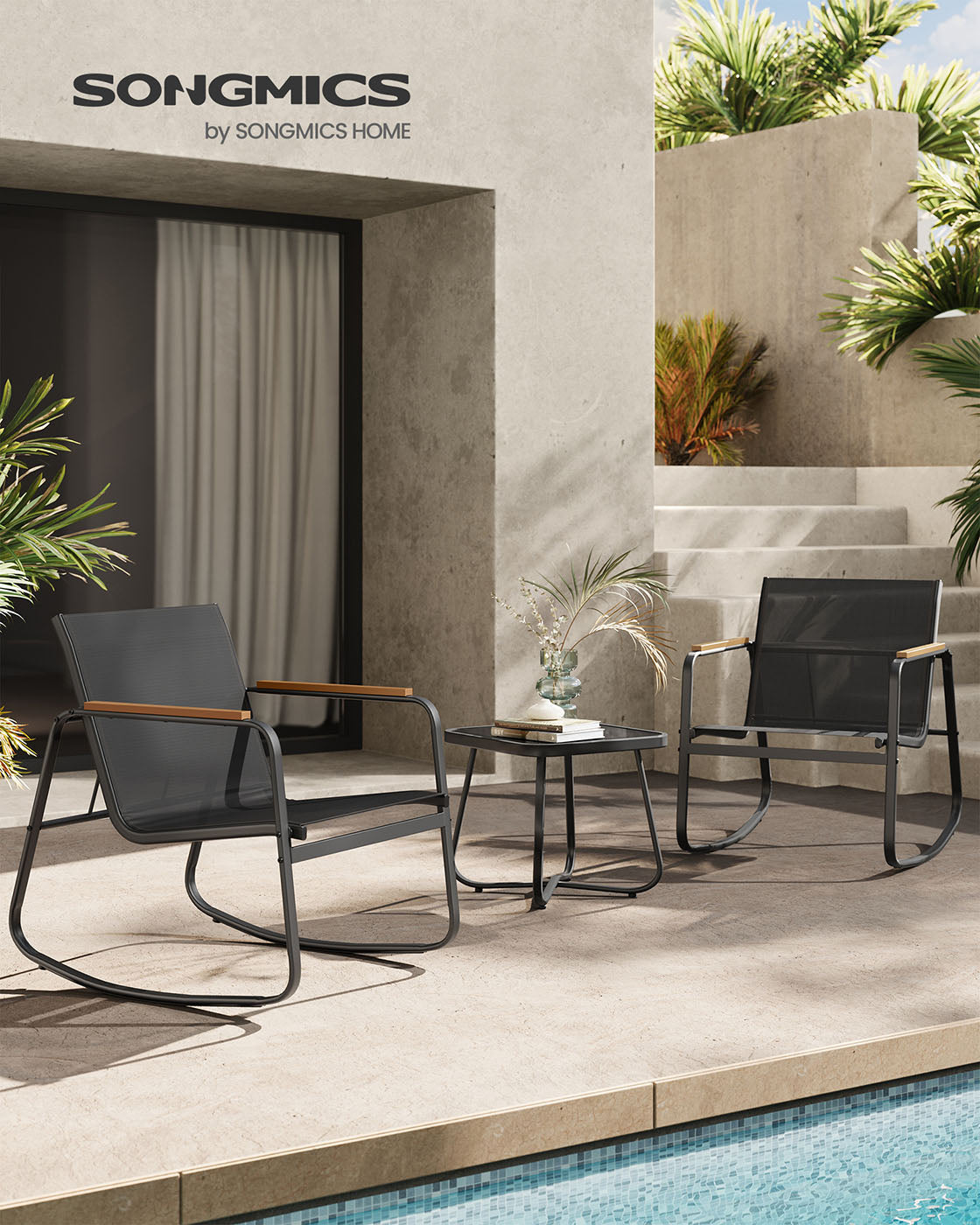 Tuinset – Schommelstoelen met Tafel – Inktzwart – 3-delig