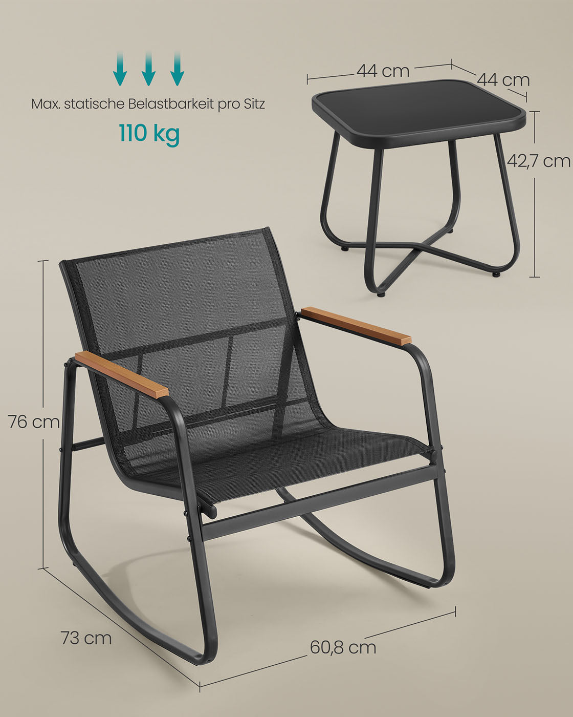 Tuinset – Schommelstoelen met Tafel – Inktzwart – 3-delig
