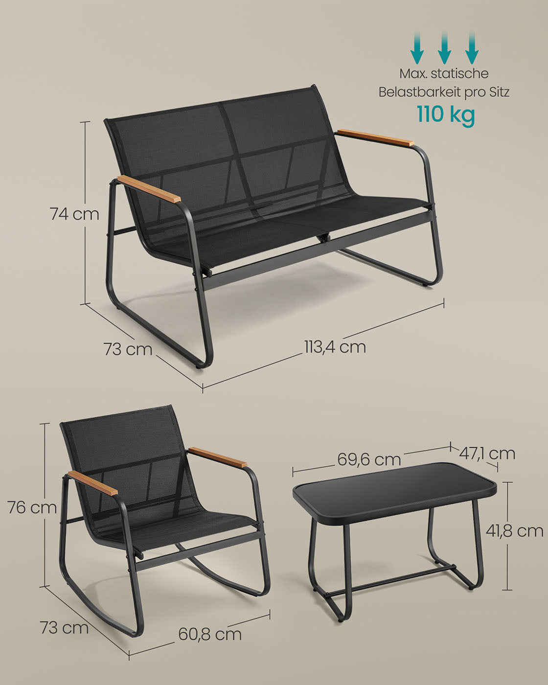 Tuinset – 4-delige Schommelstoel en Bank – Inktzwart