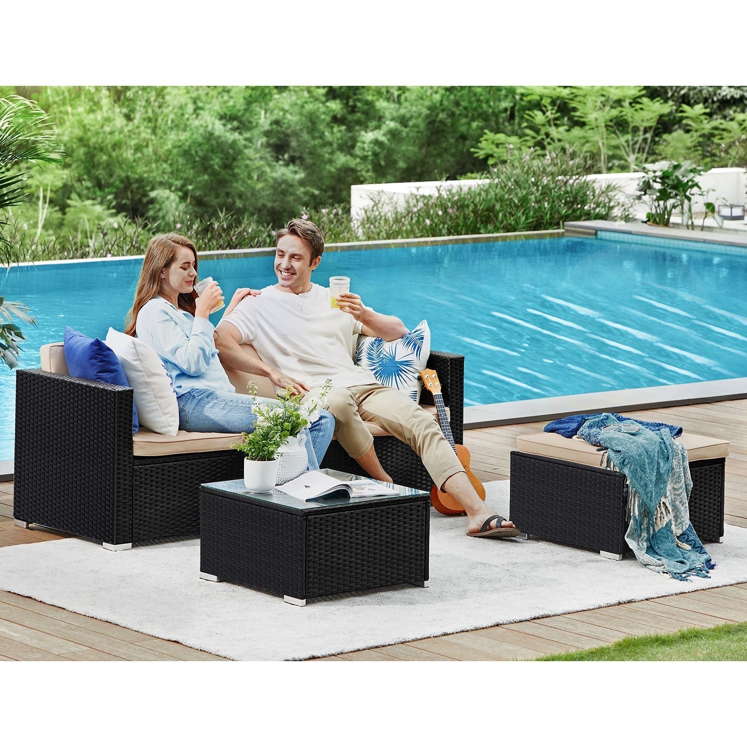 Tuinmeubelset – Comfortabele loungeset met kussens – Zwart / Beige