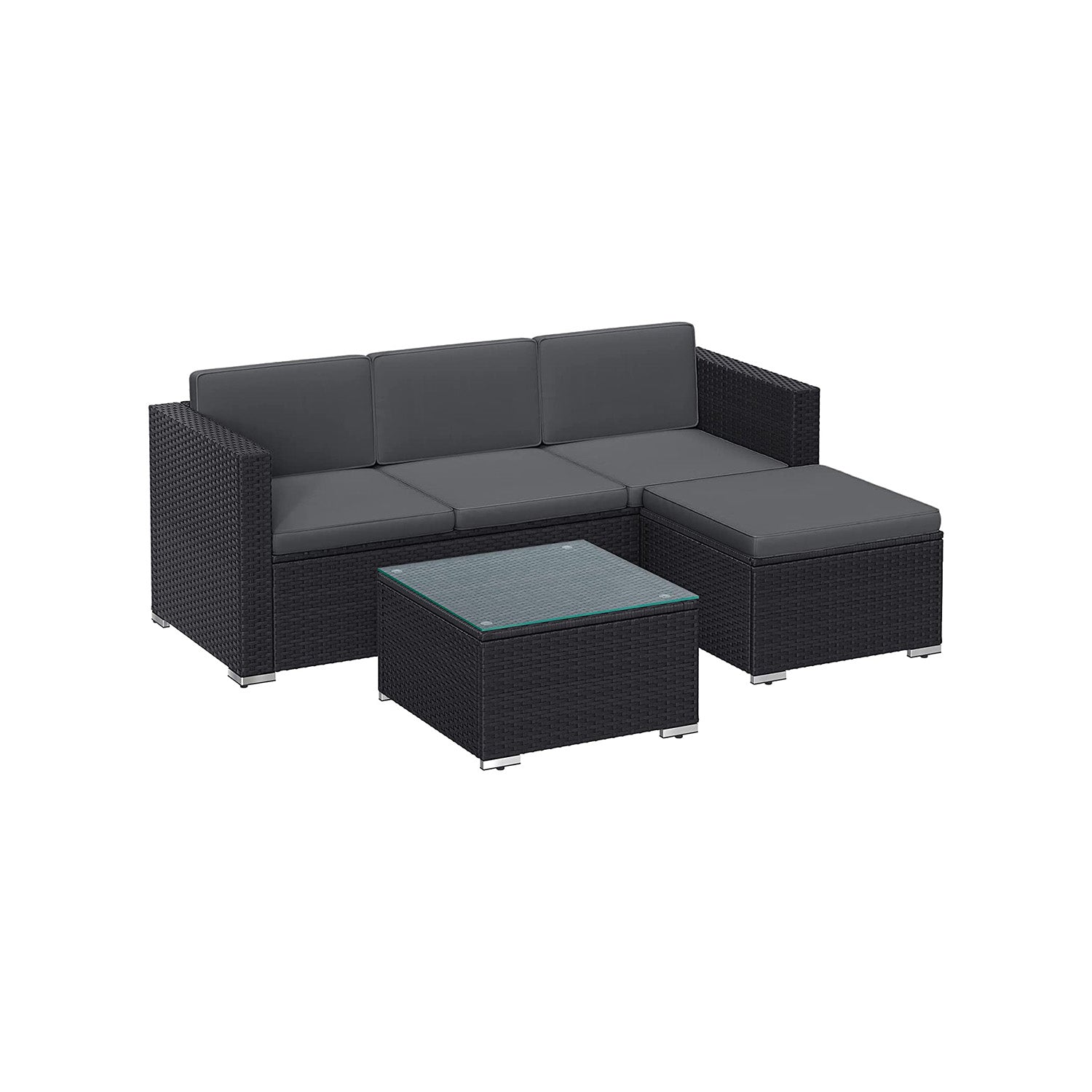 Tuinmeubelset – met kussens en glazen tafel – zwart en grijs