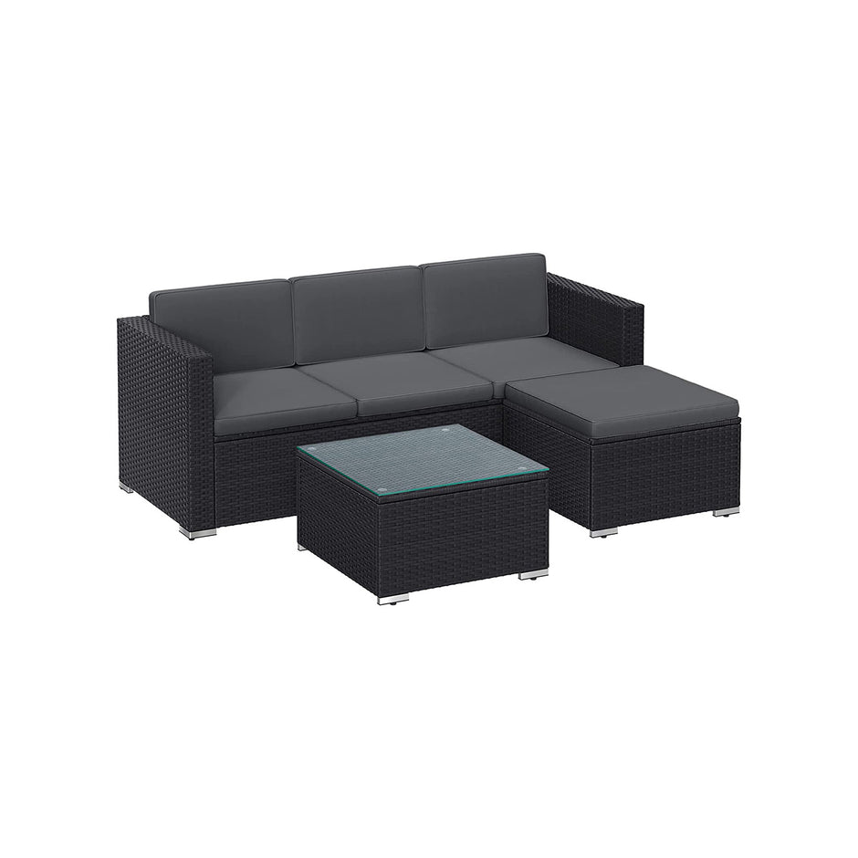Tuinmeubelset – met kussens en glazen tafel – zwart en grijs