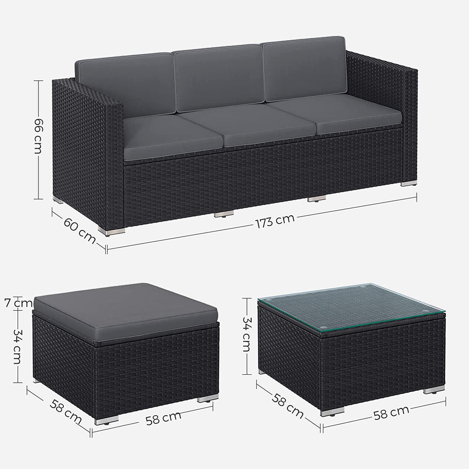 Tuinmeubelset – met kussens en glazen tafel – zwart en grijs